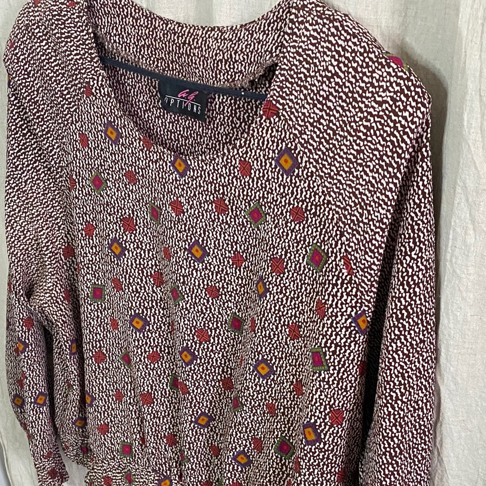 Vintage 80s Long Sleeve Brown with Jewel Tone Pattern Blouse + Shoulder Pads - Picture 6 of 15